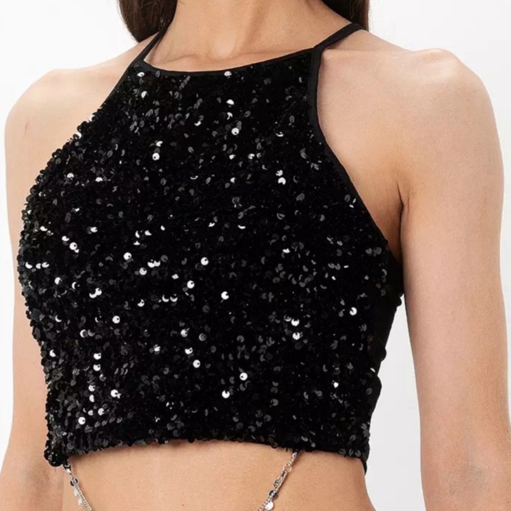 Mixology BROOKLYN KARMA Black Halter Sequin Top